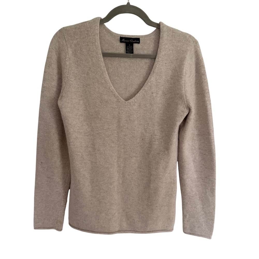 Marisa Christina V-Neck Angora Wool Blend Sweater Beige Small Classic Minimalist